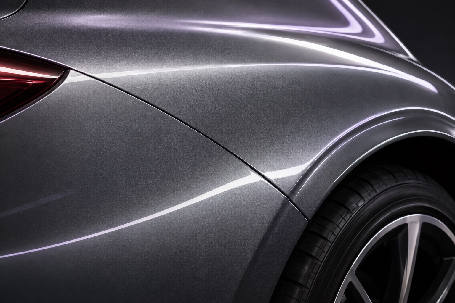 Illustrative AI study of a silver automotive body panel with lavender light reflections